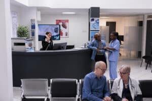 florida nurse consulting patient at facility reception counter