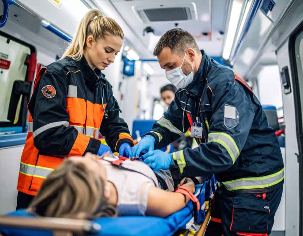 EMT professionals providing emergency care to a patient inside an ambulance.
